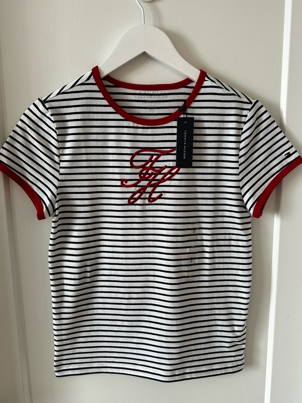 Tommy Hilfiger Kids Black & White Striped Tee with Red Trim